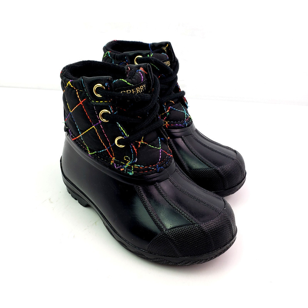 Sperry Port Rainbow Toddler Girls Size 6 Black Quilted Duck Rain Boots